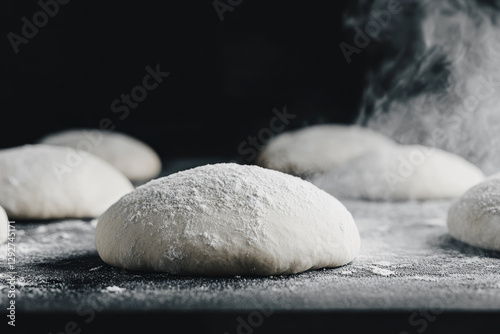 Raw dough balls rising with steam on a dark background, ready for baking