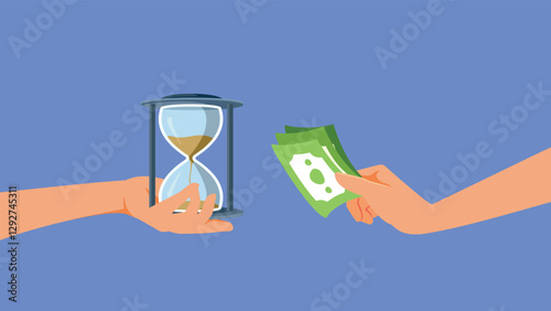 Person Giving Time in Exchange for Money Vector Concept Illustration. People investing time to gain an income 

