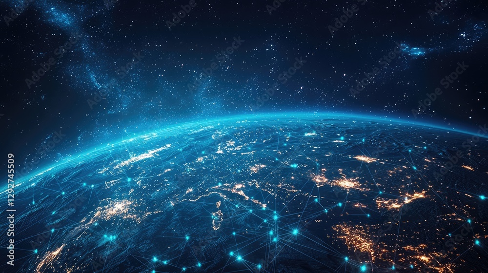 Fototapeta premium Earth viewed from space with illuminated cities and connections