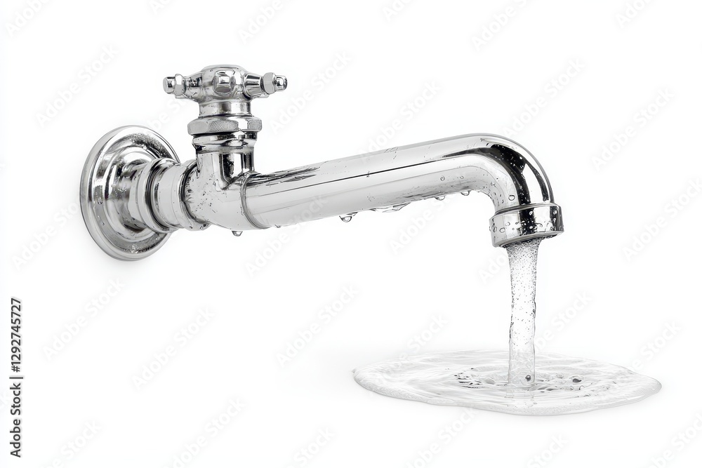 Water dripping from a stainless steel sink pipe against a white backdrop Water dripping from a stainless steel sink pipe against a white backdrop