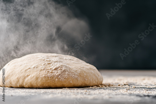 Steaming bread dough resting on a wooden surface with warm baking ambiance