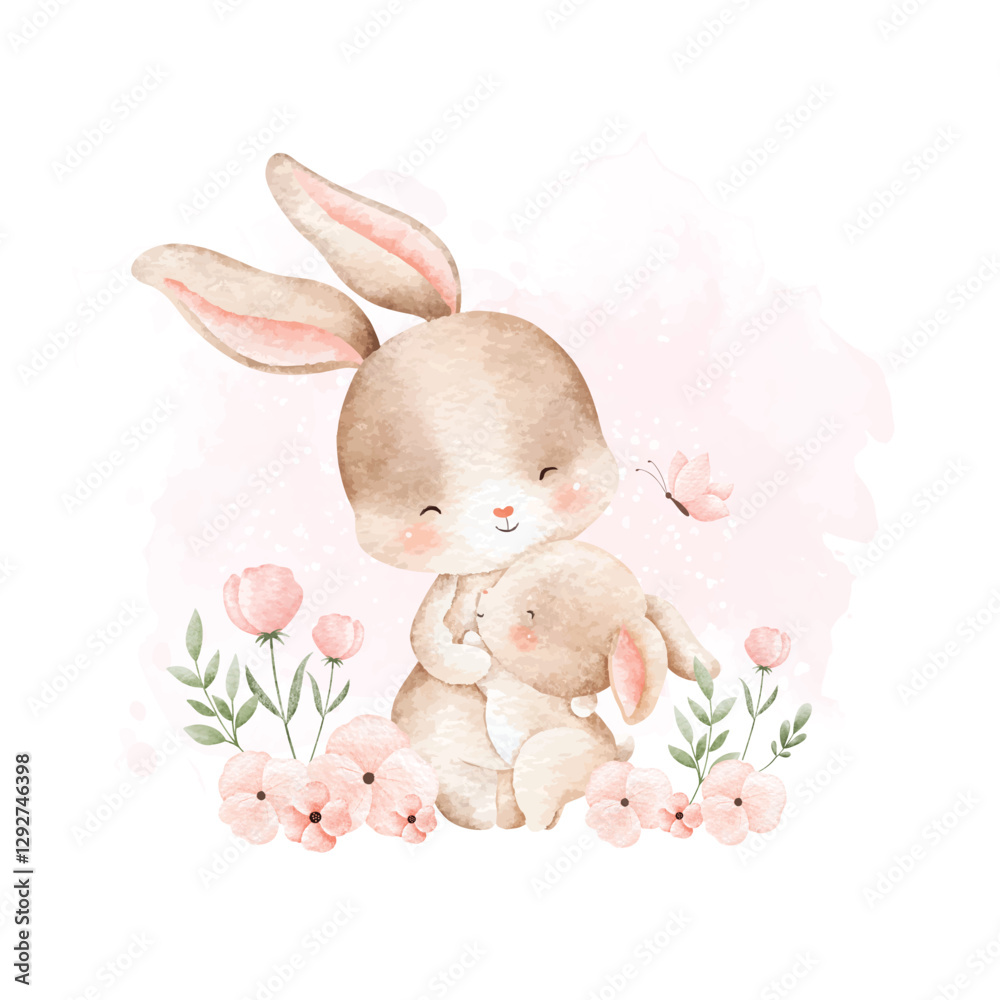 Fototapeta premium Watercolor Illustration Mother and Baby Rabbit with Pink Flowers