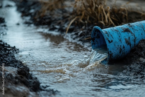 Water from groundwater in a bucket via a blue PVC pipe