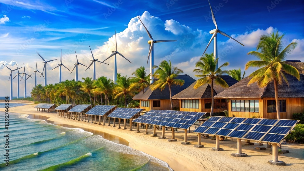 Fototapeta premium Sustainable Coastal Living Eco-Friendly Homes Powered by Wind and Solar Energy on a Tropical Beach