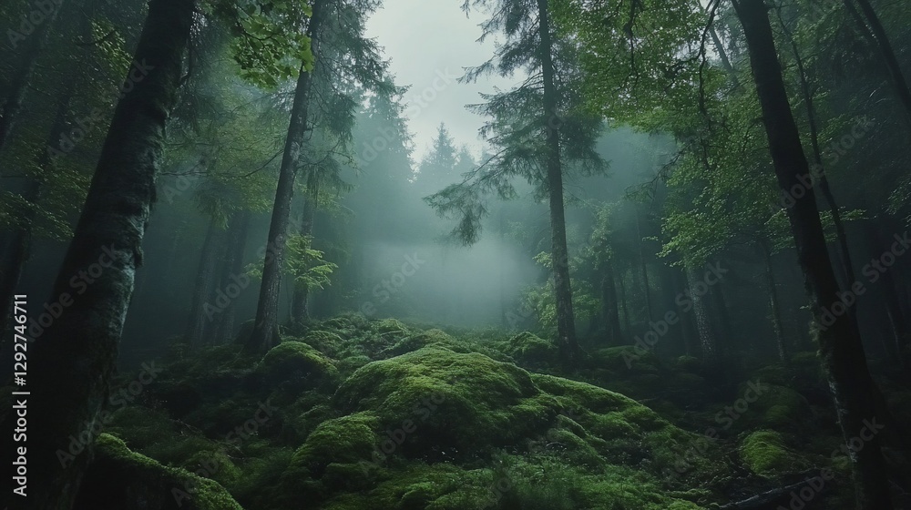 Obraz premium Misty forest path with moss covered rocks.