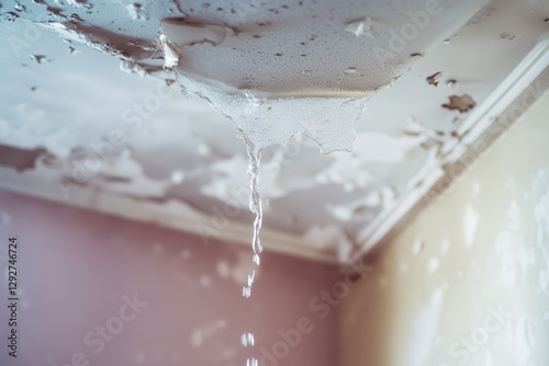 Water is dripping from the ceiling due to an upper floor leak causing damage Focus on the noise and grain