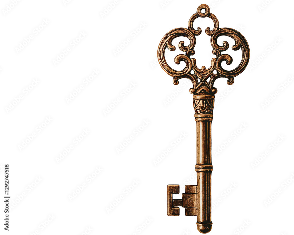 A shiny antique golden key with intricate carvings A shiny antique golden key with intricate carvings