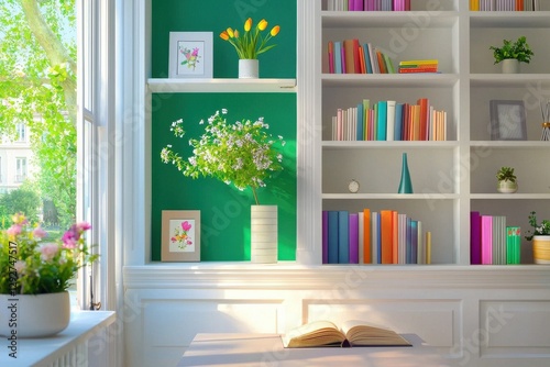 Bright Colorful Office Bookshelf And Fresh Plants Creating An Inviting Space For Online Presentations In A Modern Home Setting