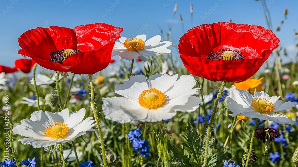 Obraz premium Vibrant poppies, wildflowers, meadow, sunny day, nature