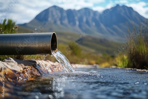 Water pouring from a pipe with a hazy mountain backdrop captured in the Hottentots Holland nature reserve near Somerset West Cape Town South Africa photo