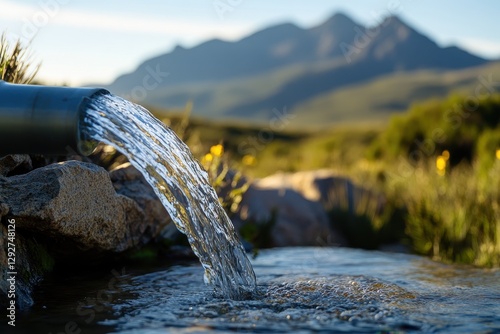 Water spills from a pipe in front of indistinct mountains Captured in Hottentots Holland Nature Reserve near Somerset West Cape Town South Africa photo