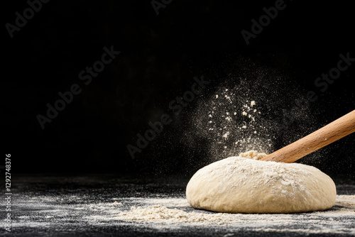 Rustic bread dough being kneaded on a dark surface with flour dust in the air