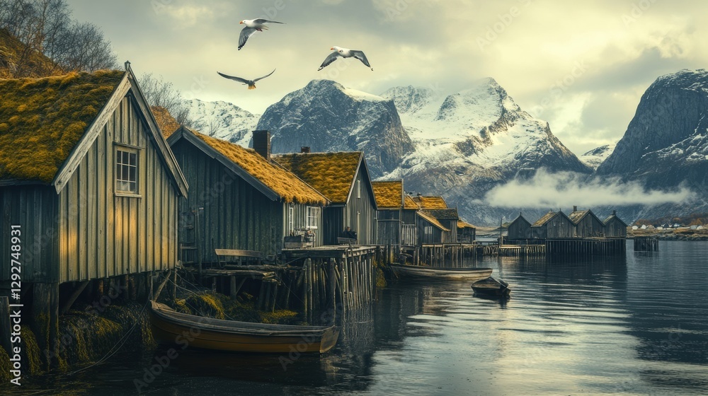 Fototapeta premium Charming coastal village with wooden houses and mountains in serene reflection during daytime. Generative AI