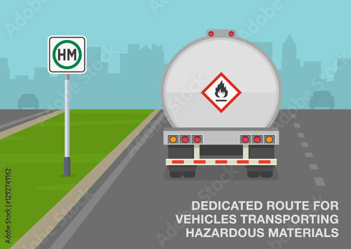 Safe driving tips and traffic regulation rules. "Hazardous materials route" road sign area. Back view of tank truck on highway. Flat vector illustration template.