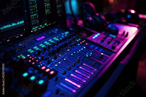Wide shot of podcasting and streaming audio gear including a professional microphone mixer and headphones in a studio for quality recordings photo