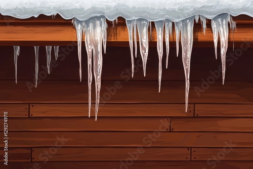 Winter imagery roof icicles frigid conditions and a frozen downspout against a brown backdrop
