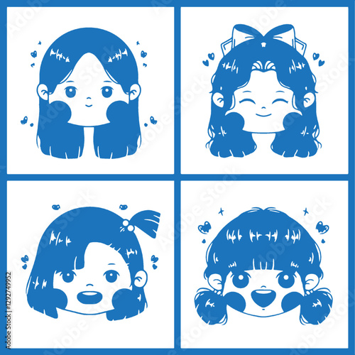 Hand Drawing set of cute girl avatar headshot with blue line art