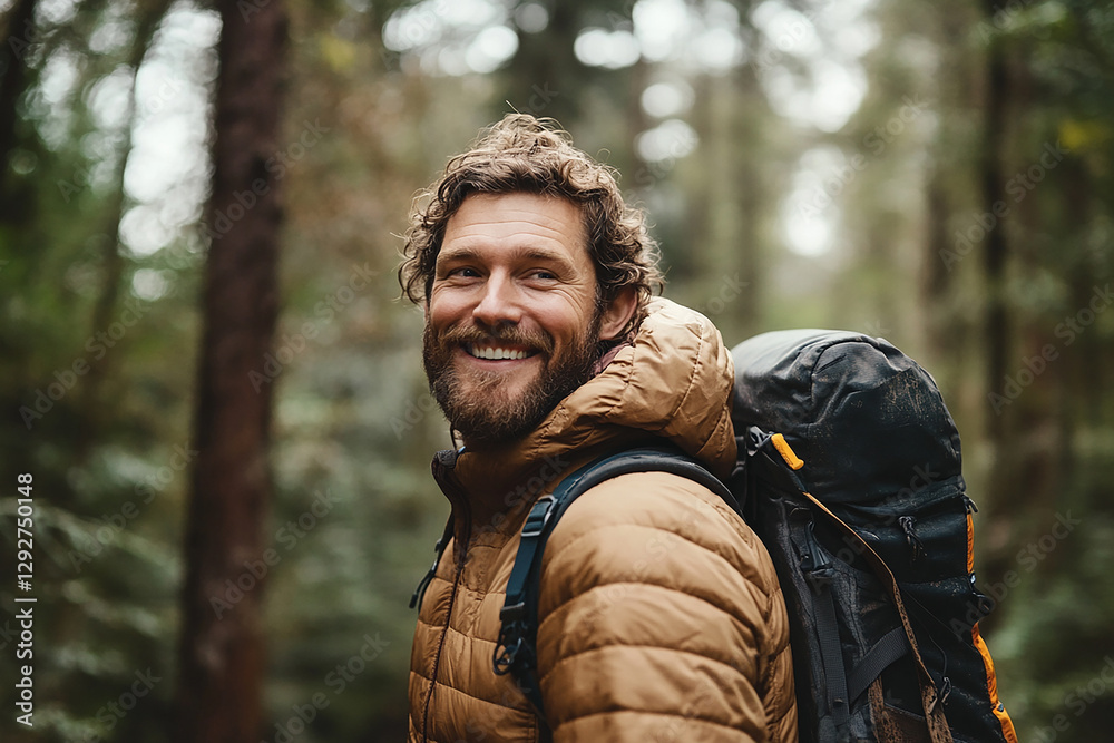 Smiling Bearded Man with Backpack in Autumn Forest Smiling Bearded Man with Backpack in Autumn Forest