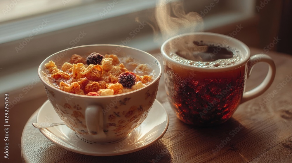 Warm Breakfast Bowl with Cereal and Coffee on Wooden Table Warm Breakfast Bowl with Cereal and Coffee on Wooden Table