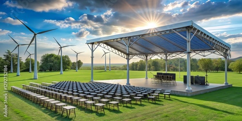 Sustainable Amphitheater with Solar Power and Wind Turbines in a Green Field photo