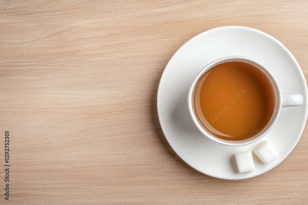 White Teacup With Sugar Cubes On Light Beige Surface White Teacup With Sugar Cubes On Light Beige Surface