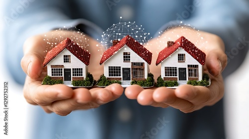 Three Tiny Houses Being Held Within Two Open Human Hands