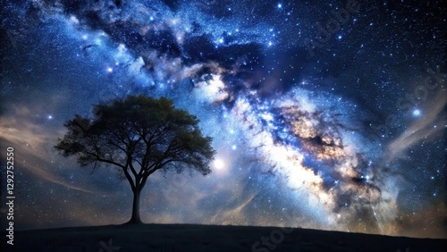 Dark sky with stars and galaxy, silhouette of a tree against moonlight, space, universe,  space, universe, lunar light