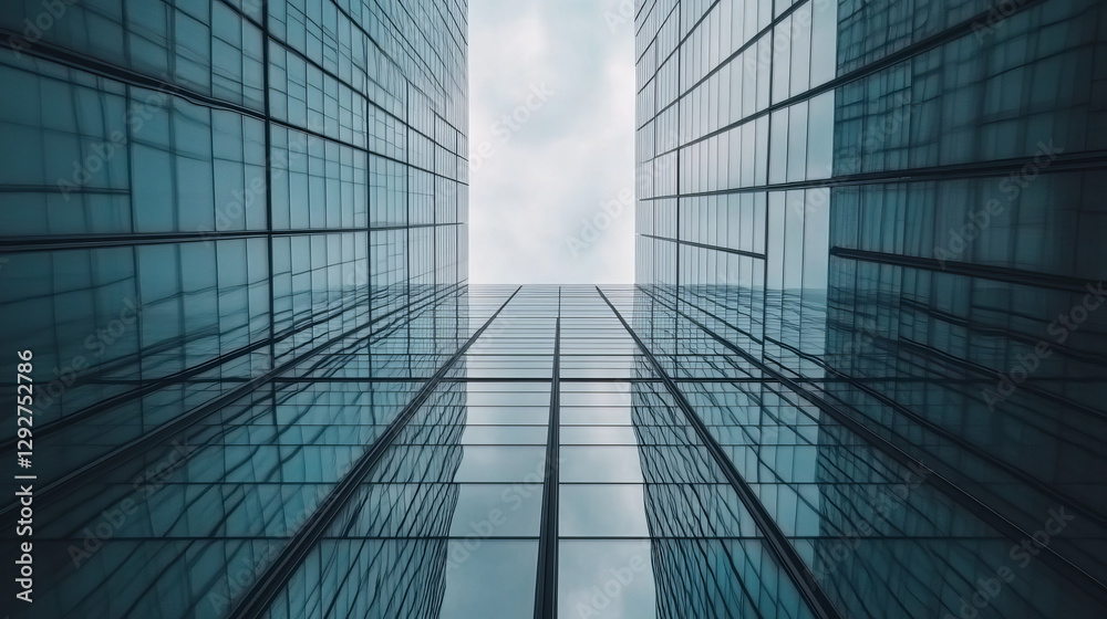 Fototapeta premium Modern glass buildings create striking urban landscape, showcasing reflections and symmetry. view from below emphasizes height and architectural design