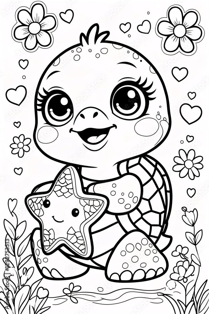 Fototapeta premium Happy Baby Turtle Surrounded by Blossoming Flowers in a Beautiful Garden Black Line Drawing for Kids Book or Fun Childrens Activity Page Drawing Illustration with Heart and Flowers Garden
