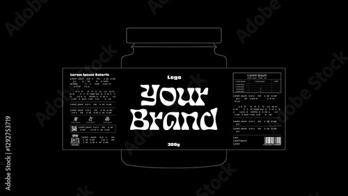 Editable outline mockup vector image of food and beverage ou honey bottle jar with dieline box on neutral background	