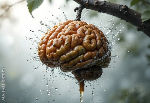 Surreal Brain-Like Fruit Splashing Water on Tree Branch – Nature Meets Creativity in Unique Stock Photography