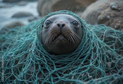 Seal Entangled in Fishing Net Highlighting Ocean Pollution, Marine Wildlife Threats, and Environmental Conservation Challenges