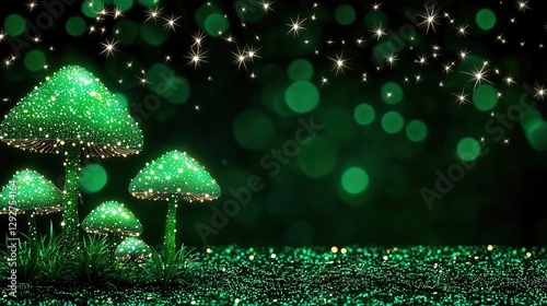Glowing green mushrooms under a starry night with bokeh effects.