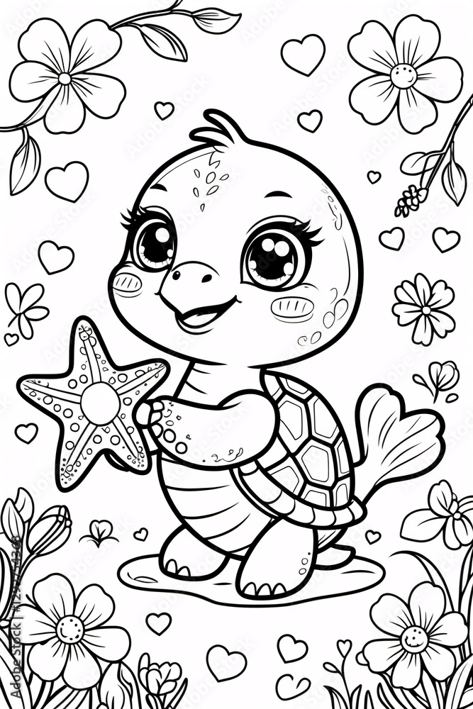 Fototapeta premium Playful Baby Turtle with a Big Smile Surrounded by Colorful Flowers Black Line Art Drawing for Kids Book or Fun Coloring Page Drawing Illustration with Heart and Flowers Garden