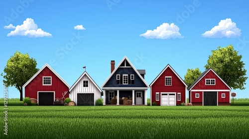 Wallpaper Mural Colorful country houses in a green landscape with blue sky and clouds. Torontodigital.ca