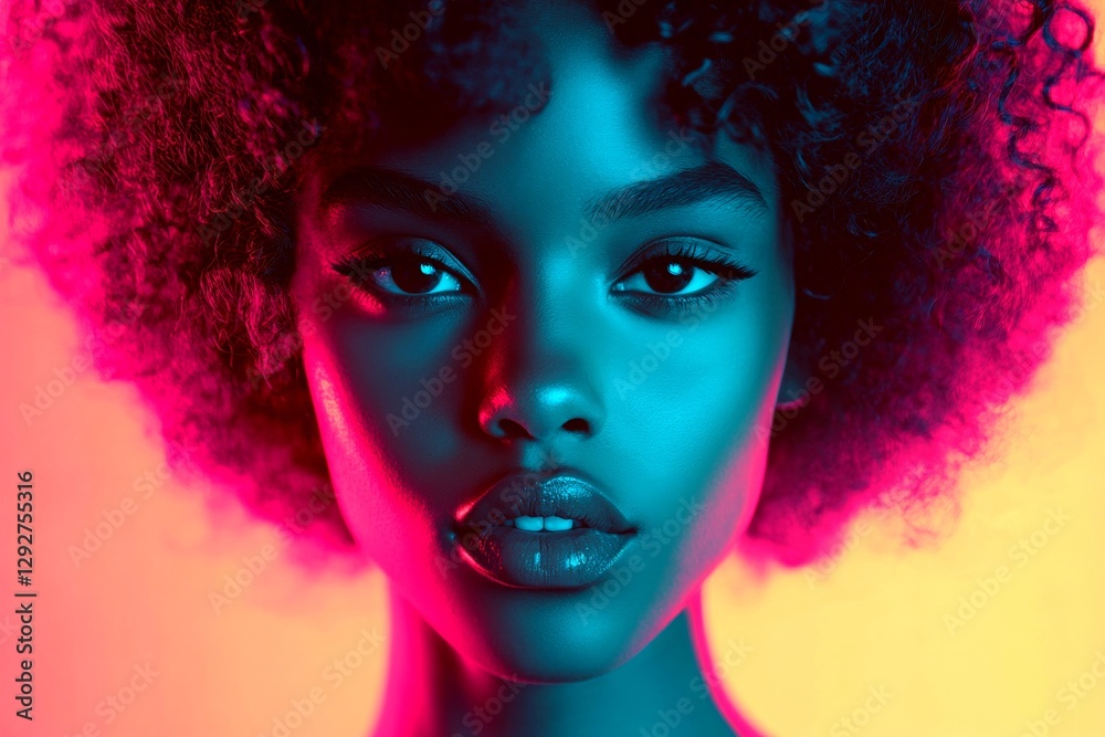 Fototapeta premium Pretty calm black girl - for ads, billboard and online use. Commercial ad campaign visual idea. Short haircut - curly hair. Artistic african american elegance. Black girl portrait inspiration.
