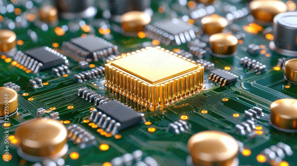 Obraz premium Golden CPU on Circuit Board, Tech Innovation