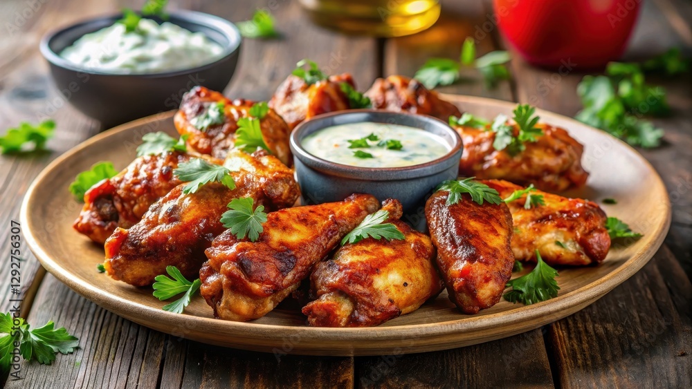 Spicy grilled chicken wings on a plate with tangy barbecue sauce drips, fresh parsley garnish, side of blue cheese dressing Spicy grilled chicken wings on a plate with tangy barbecue sauce drips, fresh parsley garnish, side of blue cheese dressing