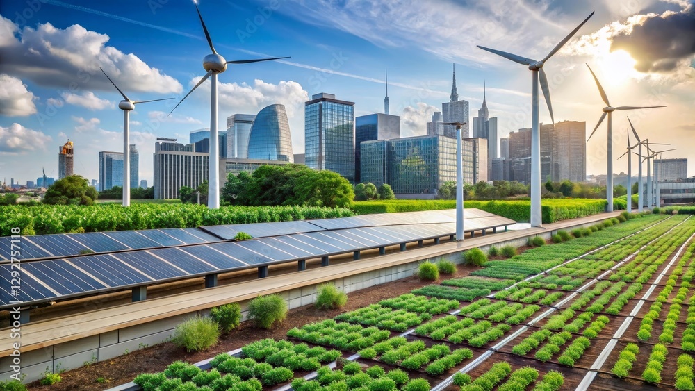 Sustainable Urban Development A Vision of Green Energy and Rooftop Agriculture in a Modern Cityscape Sustainable Urban Development A Vision of Green Energy and Rooftop Agriculture in a Modern Cityscape
