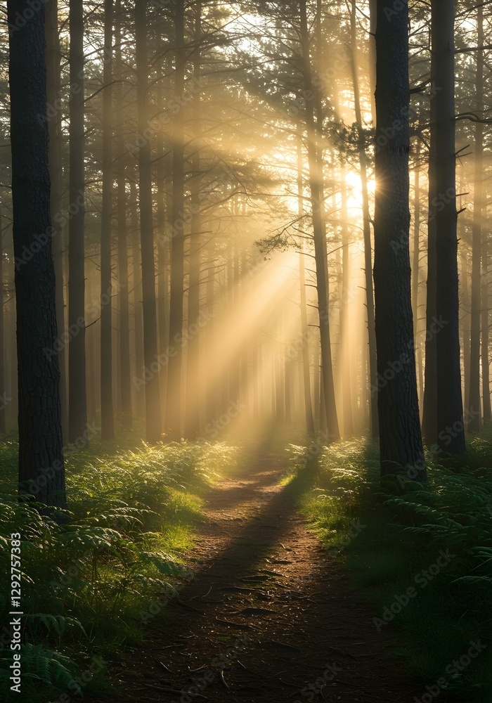 Fototapeta premium A mystical ancient forest at dawn, with towering pine trees enveloped in thick mist. The morning sun pierces through the dense canopy, 3:4