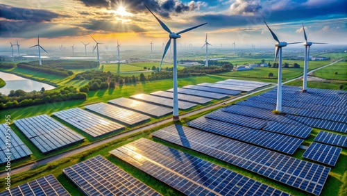 Vast Expanse of Sustainable Energy Generation Featuring Wind Turbines and Solar Panels at Sunset