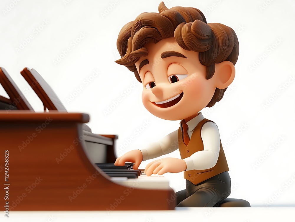 Child playing piano home studio animated character bright setting Child playing piano home studio animated character bright setting