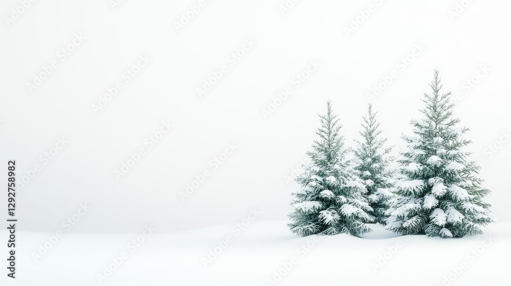 Fototapeta premium A serene winter landscape featuring snow-covered evergreen trees in soft white mist.