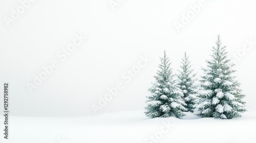 A serene winter landscape featuring snow-covered evergreen trees in soft white mist. photo