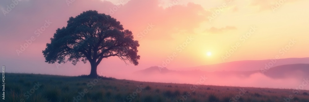 Solitary oak tree silhouette at misty dawn, soft pastel sky, distant rolling hills , tranquil, landscape Solitary oak tree silhouette at misty dawn, soft pastel sky, distant rolling hills , tranquil, landscape