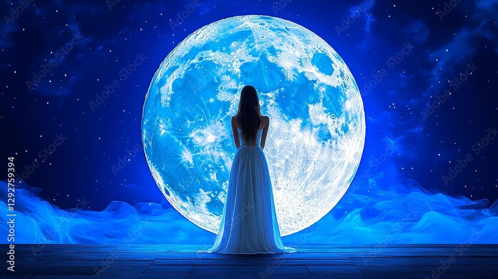 Fototapeta premium A serene figure gazes at a luminous moon in a captivating night sky.