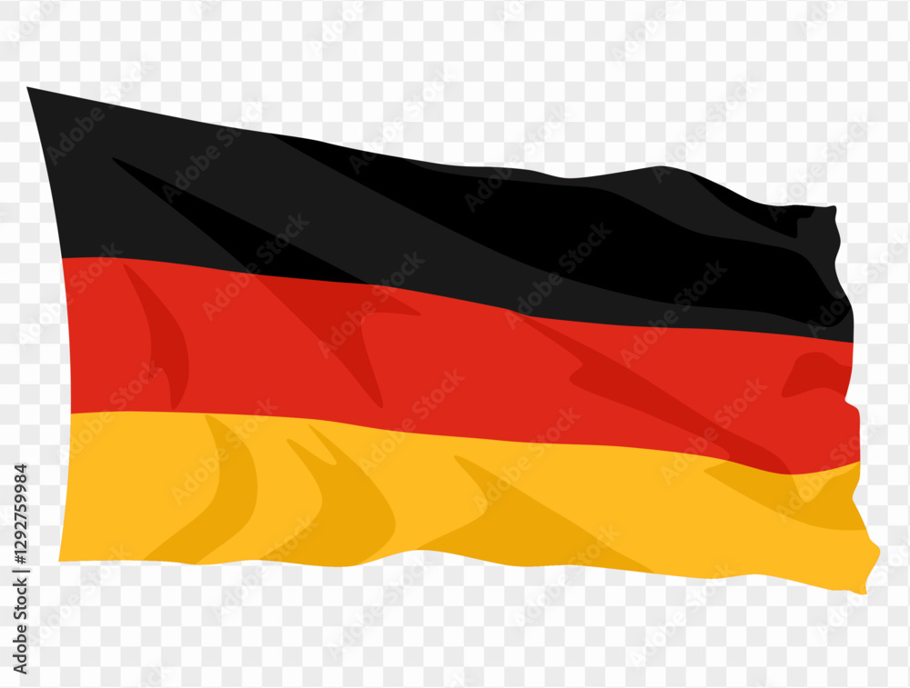 Naklejka premium Waving Germany flag isolated on transparent PNG background. Perfect for designs, presentations, or digital projects, showcasing the iconic black, red, and gold tricolor symbolizing unity and freedom