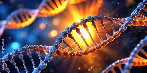 Close-up of a glowing DNA double helix with orange and blue colors, nucleic acid, molecule illustration