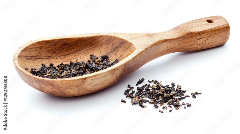 Wooden scoop with tea leaves on white Wooden scoop with tea leaves on white
