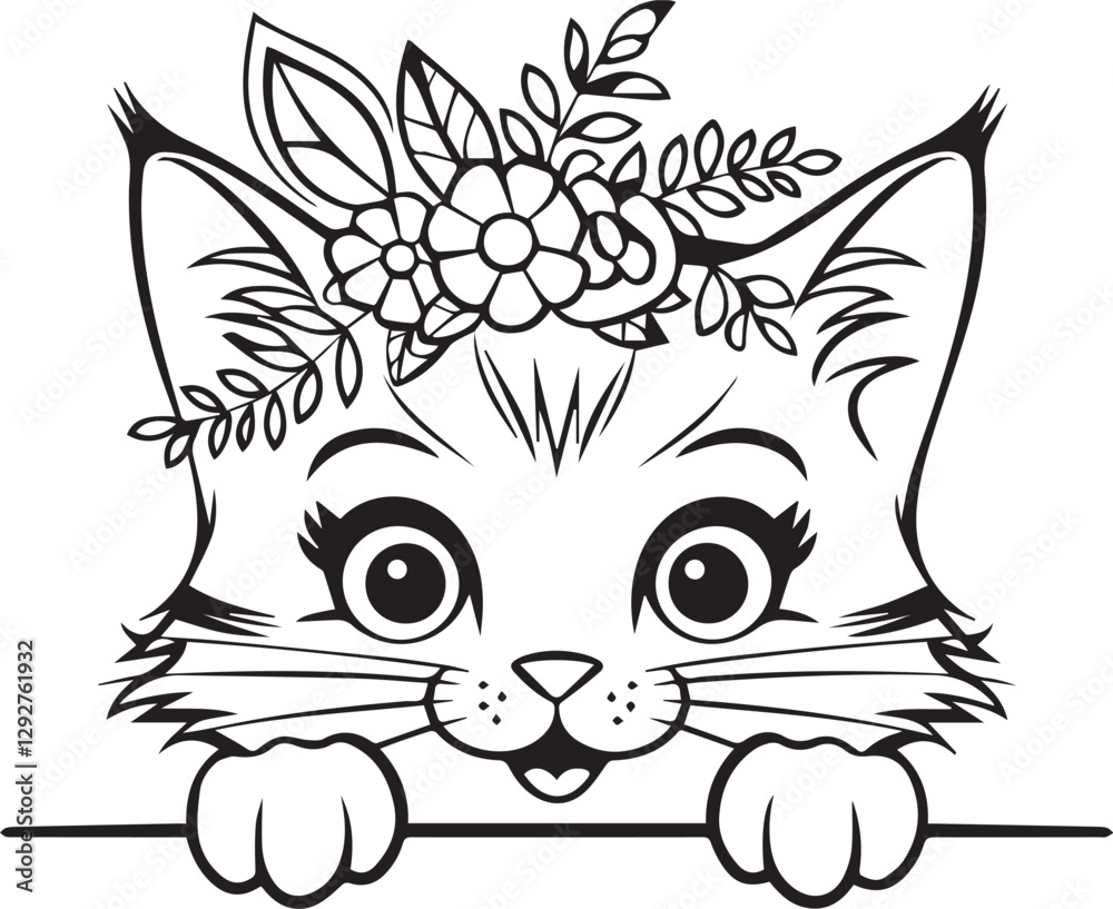 Fototapeta premium Floral Cat Playful Kitten with Flowers vector